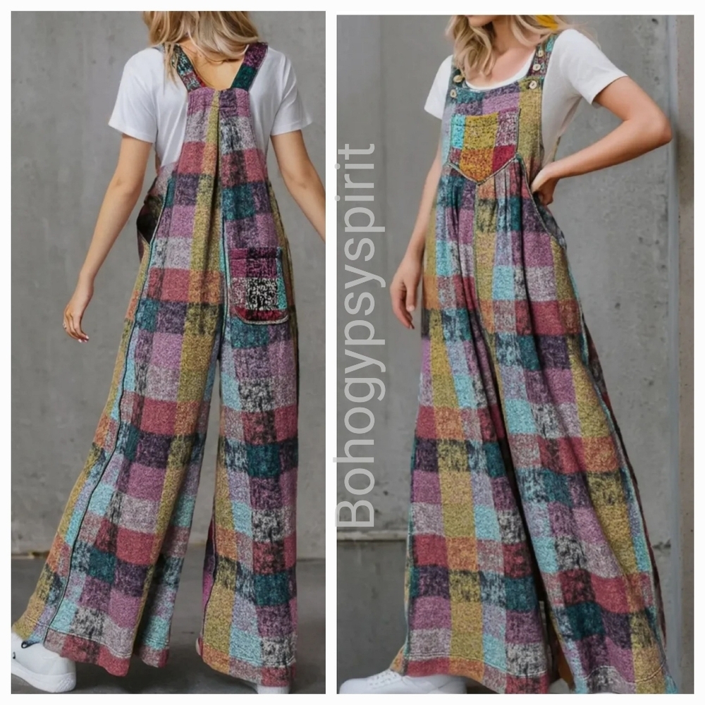 Patchwork Plaid Fleece Wideleg Jumpsuit Overalls - Picture 9 of 16